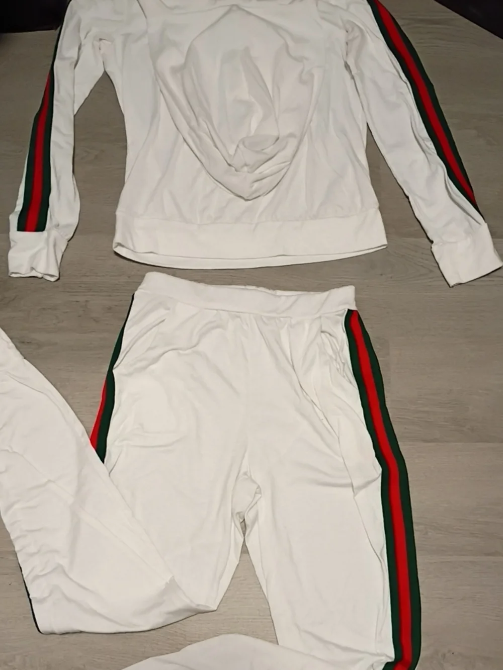 Womans White Hooded Pajama Set with Gucci Red & Green Side Stripes